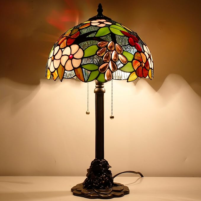 Tiffany Stained Glass Table Lamp 12X12X21Inch Resin Base Desk Bedroom Living Room Reading Light(Purple Grape Style)