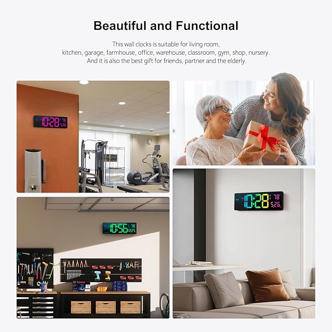 Digital Wall Clock Large Display 16", Digital Clock with 11 RGB Colors Changing Remote Control, LED Clocks with Night Lights for Living Room Bedroom Office Classroom Decor, Auto DST (Multicolor)