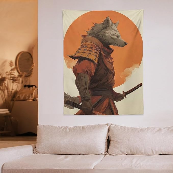 JYOUQOC Wolf Samurai Tapestry Wall Decor Large Wall Art Backdrop Flag Hanging for Bedroom Living Room Dorm Office 30"×40"
