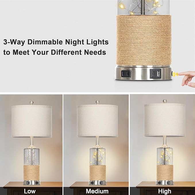 25" Boho Table Lamps Set of 2, Coastal Glass Bedside Lamps with USB A+C Ports and AC Outlet, Rattan Lamp with Night Light for Nightstand Living Room Bedroom, 2 LED Bulbs Included, Silver