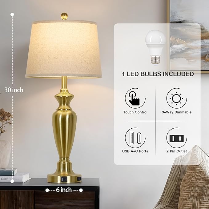 30" Tall Gold Table Lamp for Living Room, 3-Way Dimmable Touch Control Bedside Lamp for Bedroom Nightstand with USB A+C Ports & AC Outlet (1 Pack)