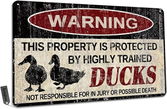 Ducks Tin Sign, Funny Metal Sign, Vintage Wall Decor 12x8 Inch - Warning This Property Protected by Ducks