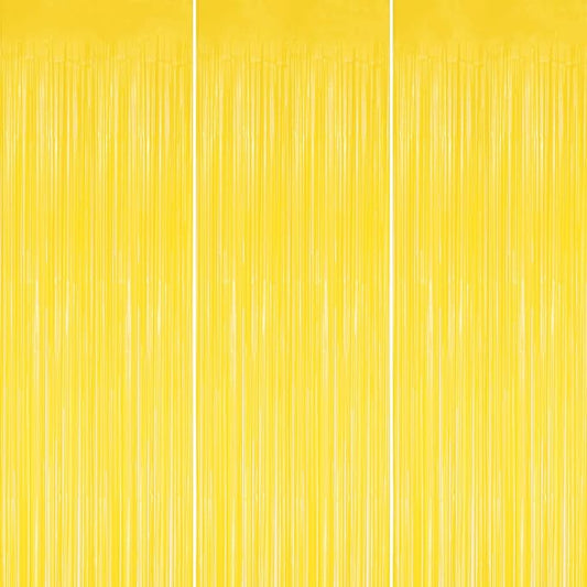 3 Pack Foil Fringe Backdrop - Pastel Yellow Shiny Tinsel Curtains for Party Decoration/Photo Booth Props - 3.3x8.2 FT Metallic Foil Backdrop for Birthday, Wedding, Graduation, Christmas.