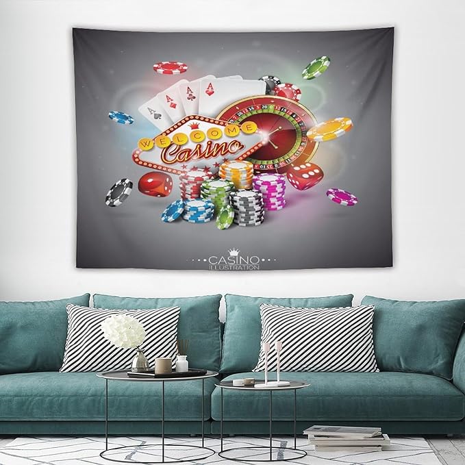 Poker Tournament Tapestry Wall Hanging Casino Colorful Chips And Cards Dice And Roulette Tapestries Home Decor for Living Room Bedroom Farmhouse Apartment Dorm 60"x80"
