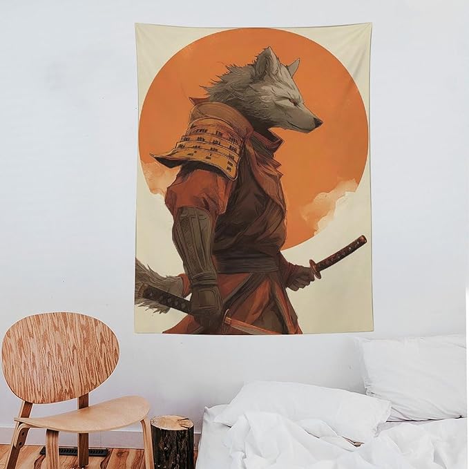 JYOUQOC Wolf Samurai Tapestry Flag Backdrop Wall Hanging Large Wall Art Decor for Dorm Office Bedroom Living Room 60"×80"