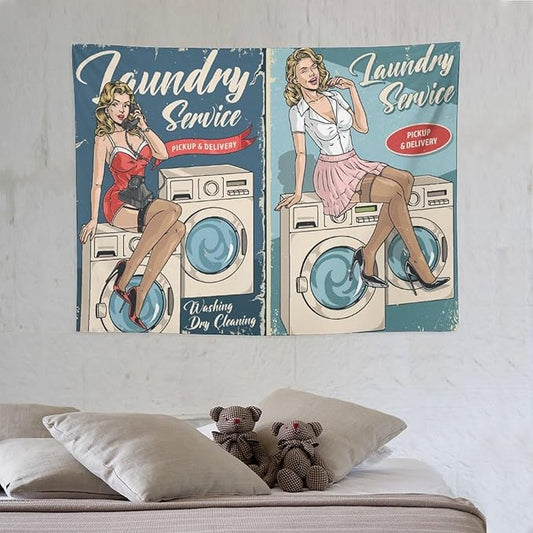 ZhiRain Laundry Service Tapestry Wall Hanging Vintage Laundry Room Poster Tapestries Home Decor for Living Room Bedroom Farmhouse Apartment Dorm 30"x40"