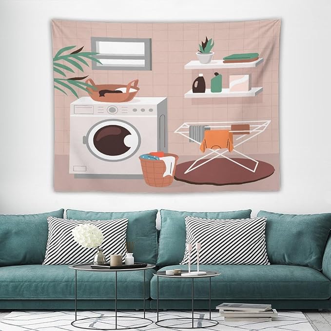 ZhiRain Laundry Tapestry Wall Hanging Laundry Room Wash Dry Fold Repeat Tapestries Home Decor for Living Room Bedroom Farmhouse Apartment Dorm 60"x80"