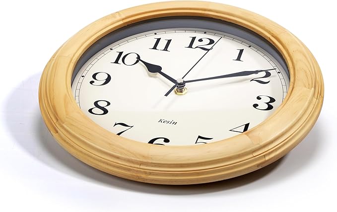 Kesin Wooden Analog Wall Clock, 11 inches Round Wall Clocks Battery Operated Silent Non-Ticking, Large Roman Numerals, Traditional Design for Kitchen Living Room Classroom Gym, Natural Grain