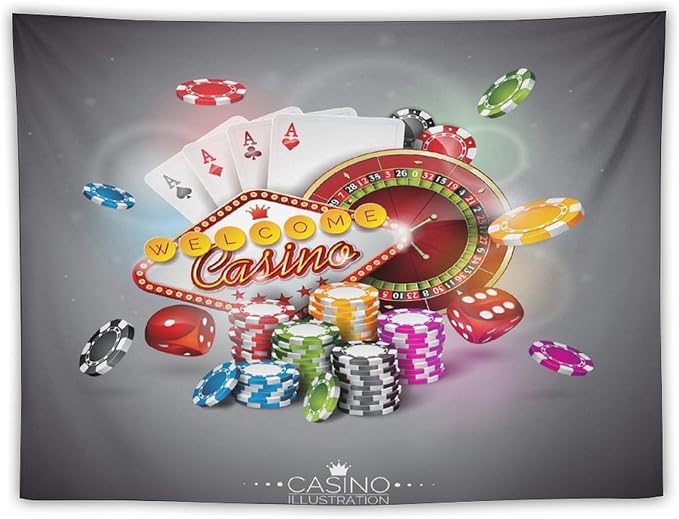 Poker Tournament Tapestry Wall Hanging Casino Colorful Chips And Cards Dice And Roulette Tapestries Home Decor for Living Room Bedroom Farmhouse Apartment Dorm 30"x40"