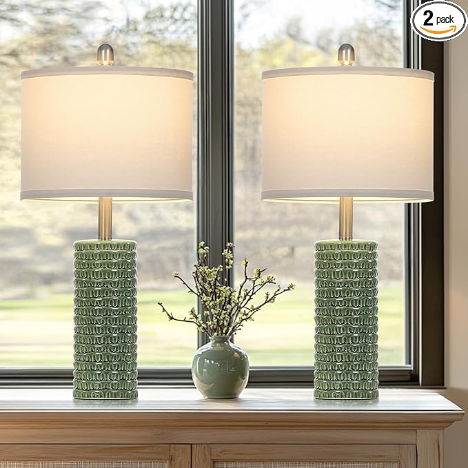 24.5" Green Ceramic Table Lamps Set of 2, Farmhouse Table Lamps for Living Room, Modern Lamps for Bedroom Night Stands, Traditional Nightstand Desk Lamps(LED Bulbs Included)
