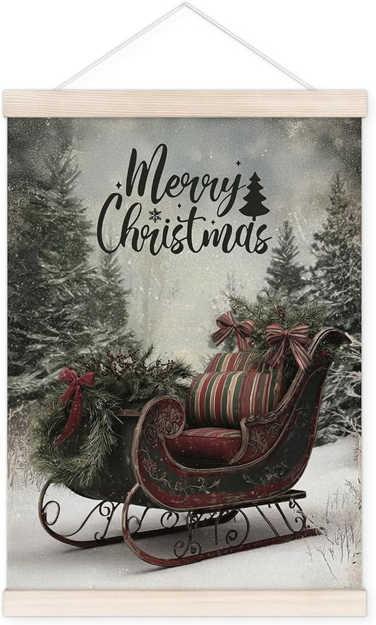 Vintage Christmas Sleigh Poster Hanger with Wood Frame, Merry Christmas Wall Art Decor for Home, Rustic Farmhouse Winter Xmas Sleigh Posters for Bedroom Living Room Decor, 12x16 Inch