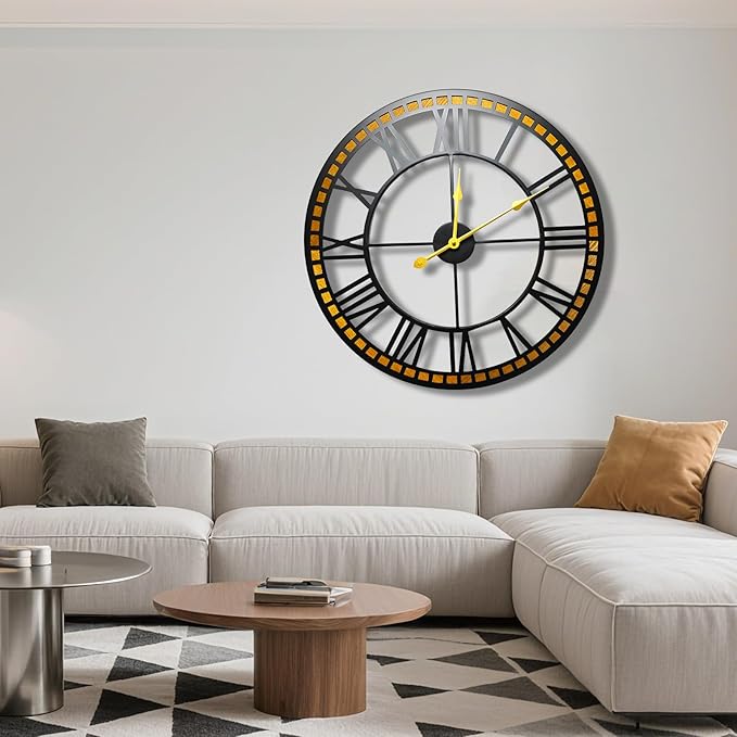 Silent Large Wall Clock,24 inch Modern Metal Black with Solid Wood Frame - Battery Operated Non-Ticking Clock for Living Room/Bedroom/Kitchen/Office