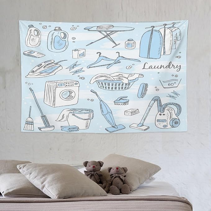 ZhiRain Laundry Room Tapestry Wall Hanging Blue Laundry Theme Tapestries Home Decor for Living Room Bedroom Farmhouse Apartment Dorm 40"x60"