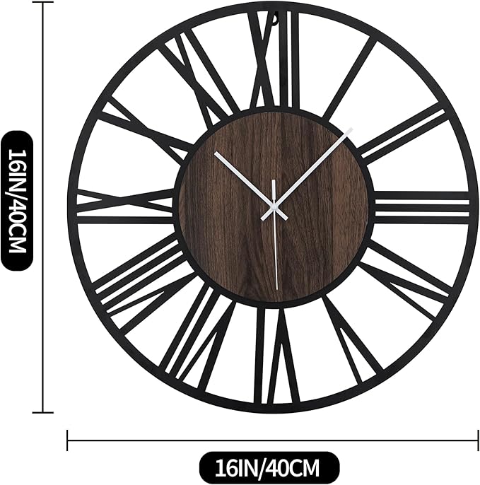LEIKE Large Wall Clocks,Silent,Non Ticking,Battery Operated Rustic Round Modern Big Wood Wall Clock for Living Room, Bedroom,Kitchen,Farmhouse,Office,Home Decor-16 Inch(Black-Roman Numerals)