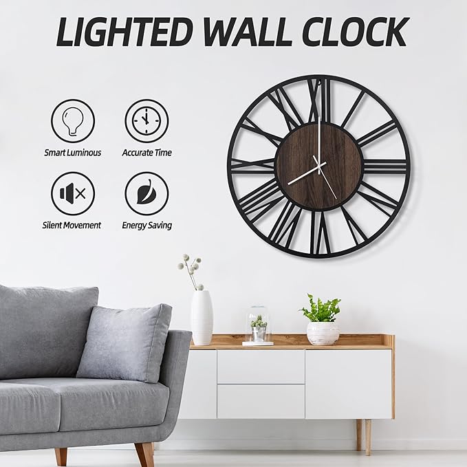 LEIKE Large Wall Clocks with Night Light Battery Operated,Silent Non Ticking,Rustic Modern Big Wood Clock for Living Room, Bedroom,Kitchen,Farmhouse,Office,Home Decor-24 Inch(Roman Numerals)