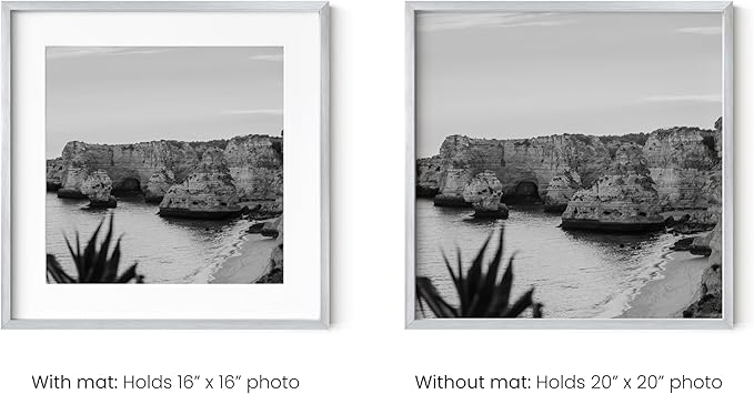 HAUS AND HUES 20x20 Silver Metal Picture Frame Matted to 16x16 - Premium Aluminum with Hanging Hardware, Shatterproof Plexiglass - Ideal for Home or Office (20x20 in, Silver, Set of 1)