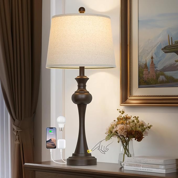 Brown Touch Table Lamps,28.75" Tall Bedside Lamps with USB C+A Ports, 3-Way Dimmable Table Lamp, Nightstand Lamps for Bedroom, Living Room，Brown Lamps with Beige Lampshade, Bulb Included