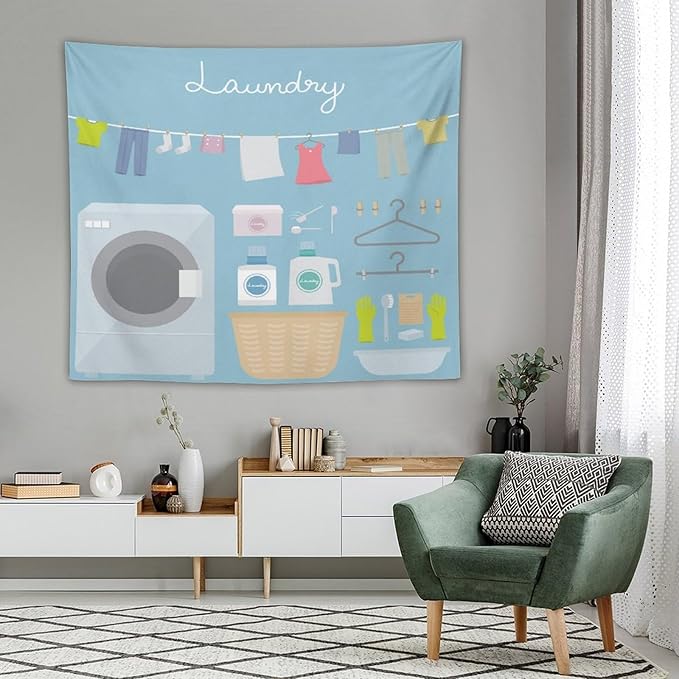 ZhiRain Laundry Room Tapestry Wall Hanging Blue Cartoon Wash Dry Fold Tapestries Home Decor for Living Room Bedroom Farmhouse Apartment Dorm 50"x60"