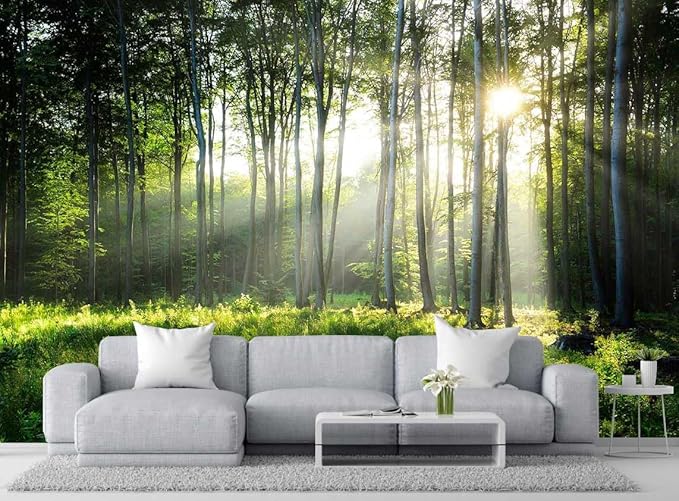 Sunshine in The Woods Mural, Large Jungle Mural, Suitable for Decorating Bedroom, Living Room, Bath Room Background Wall(Non-self-Adhesive)