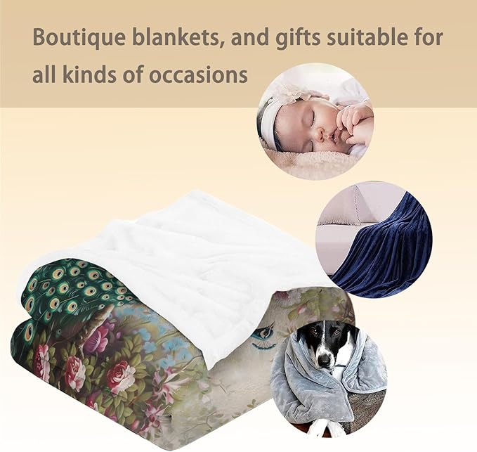 Peacock Blanket - Soft, Cozy, Lightweight Flannel Throw Blankets for Couch, Bed, and Travel - Fuzzy, Fluffy Decor Perfect for Outdoor Use and Home Decor, for Adults Women Girls 50×40 in