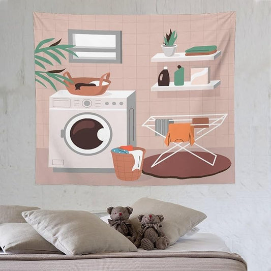 ZhiRain Laundry Tapestry Wall Hanging Laundry Room Wash Dry Fold Repeat Tapestries Home Decor for Living Room Bedroom Farmhouse Apartment Dorm 50"x60"