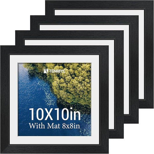 10x10 Picture Frame Set - 4 Pack, Black Solid Wood Photo Frames - Tempered Glass - Displays Photos 8x8 with Mat or 10 x 10 without - Room, Office, Gallery, Studio, and Hallway Decor - Wall Hanging