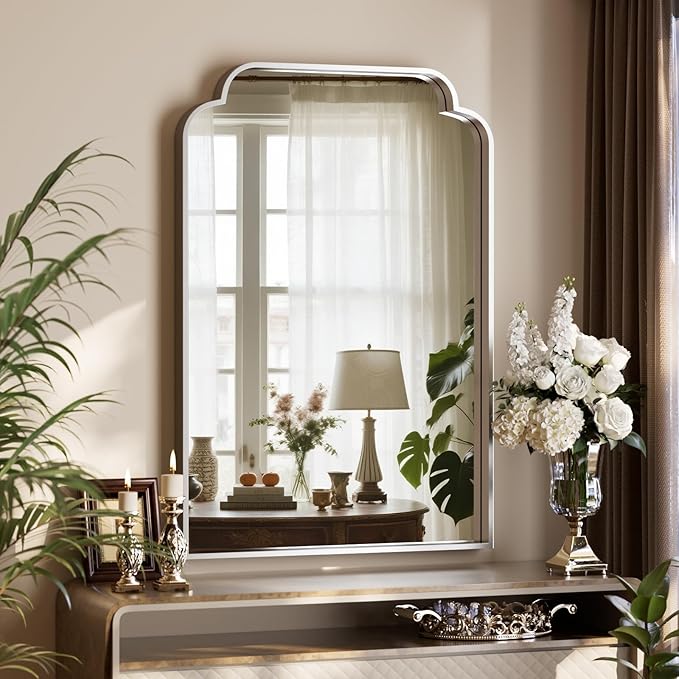 GLSLAND 24"x36" Silver Petal Arch Bathroom Mirror Wall Mounted Vanity Scalloped Mirror for Over Sink Modern Decorative Arched Wall Mirror - for Bedroom Living Room Entryway