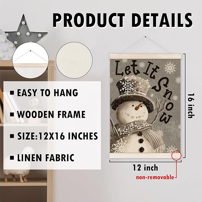 Let It Snow Christmas Snowman Poster Hanger with Wood Frame, Winter Christmas Wall Art Decor for Home, Winter Xmas Snowman Holiday Posters for Bedroom Living Room Decor, 12x16 Inch