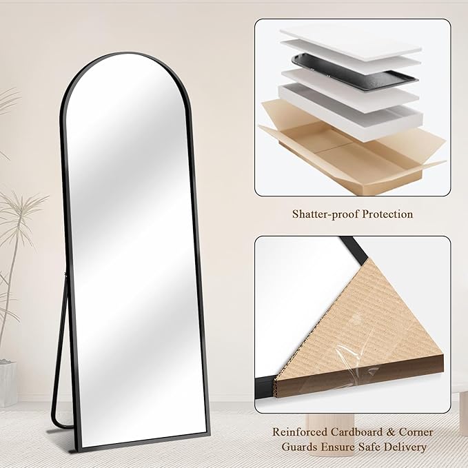 58"x18" Full Length Mirror with Stand, Shatterproof Arched Floor Mirror, Aluminum Alloy Thin Frame - Freestanding/Leaning/Wall Mount for Bedroom, Living Room & Entryway (Black)