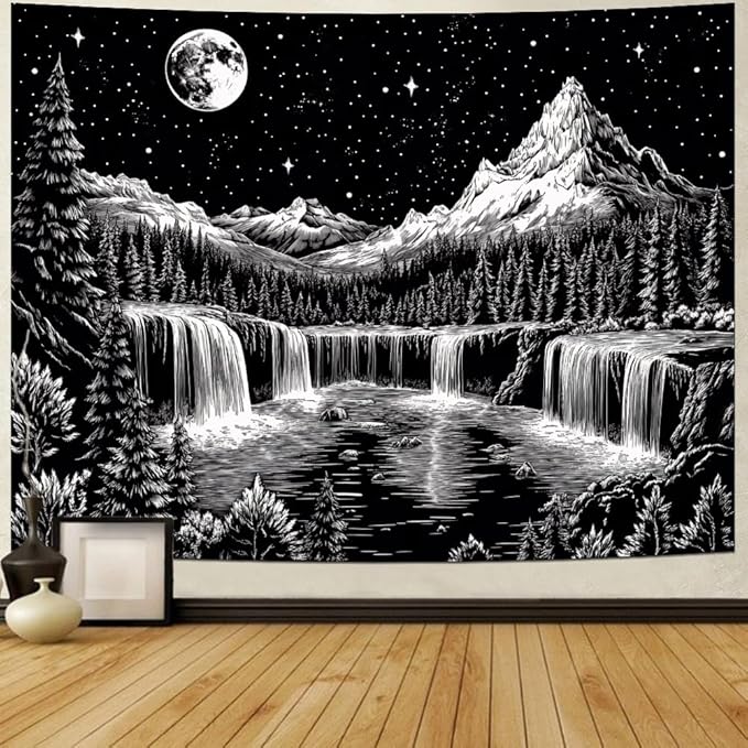 Leofanger Black and White Tapestry Starry Night Mountain Tapestry Aesthetic Moon Wall Tapestries Galaxy Space Tapestries Wall Hanging for Home Decor(59.1"x78.7")