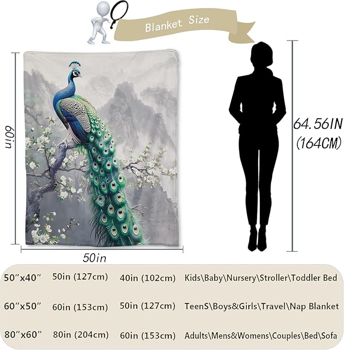 Peacock Blanket - Soft, Cozy, Lightweight Flannel Throw Blankets for Couch, Bed, Travel, Fluffy Decor Perfect for Outdoor Use and Home Decor, Flowers Design for Adults Women Girls 60×50 in