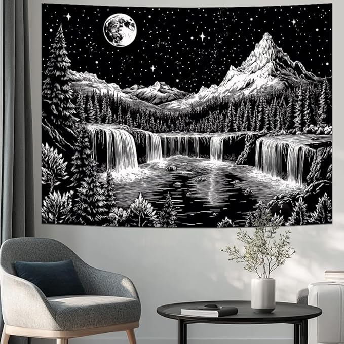 Leofanger Black and White Tapestry Starry Night Mountain Tapestry Aesthetic Moon Wall Tapestries Galaxy Space Tapestries Wall Hanging for Home Decor(51.2"x59.1")