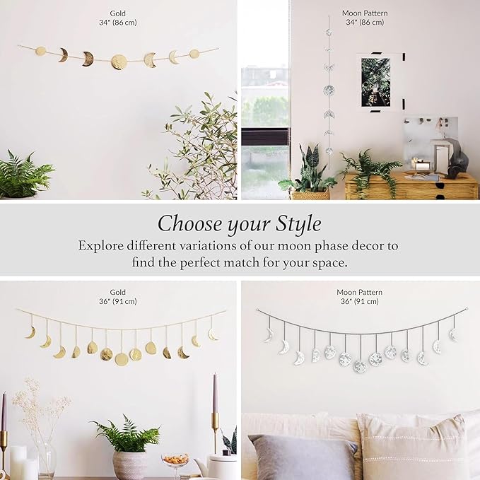 BASE ROOTS Moon Phase Wall Decor, White Gray Wall Art for Bedroom, Bohemian and Astrology, Witchy Aesthetic 34" 7 Phases Metal Moon Wall Banner, Celestial Decoration, Gift for Women & Kids