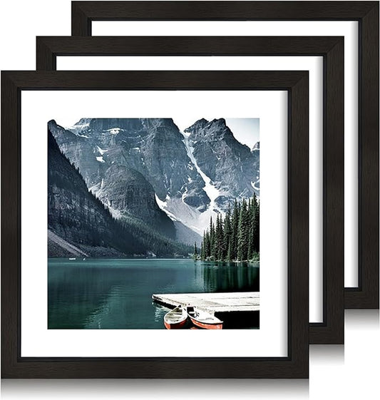 10x10 Black Picture Frames set of 3, Made of Wooden and Real Glass Square Photo frame - Displays 8x8 Picture With Mat or 10 x 10 Without Mat, Desktop & Wall Collage Frame set