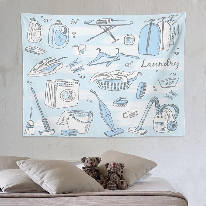 ZhiRain Laundry Room Tapestry Wall Hanging Blue Laundry Theme Tapestries Home Decor for Living Room Bedroom Farmhouse Apartment Dorm 60"x80"