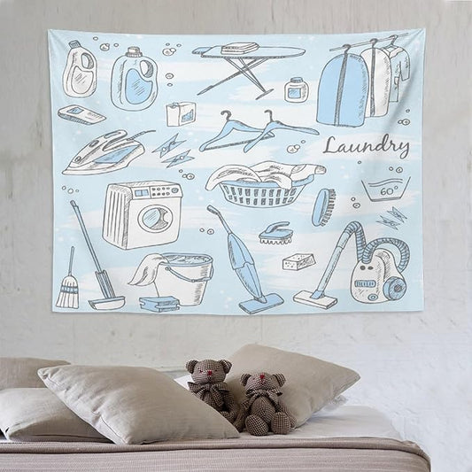 ZhiRain Laundry Room Tapestry Wall Hanging Blue Laundry Theme Tapestries Home Decor for Living Room Bedroom Farmhouse Apartment Dorm 60"x80"