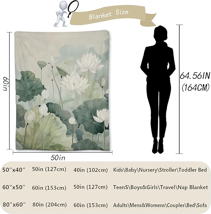 Floral Blanket - Soft, Cozy, Lightweight Flannel Throw Blankets for Couch, Bed, and Travel - Fuzzy, Fluffy Decor Perfect for Outdoor Use and Home Decor, Beautiful Lotus Design 80×60 in