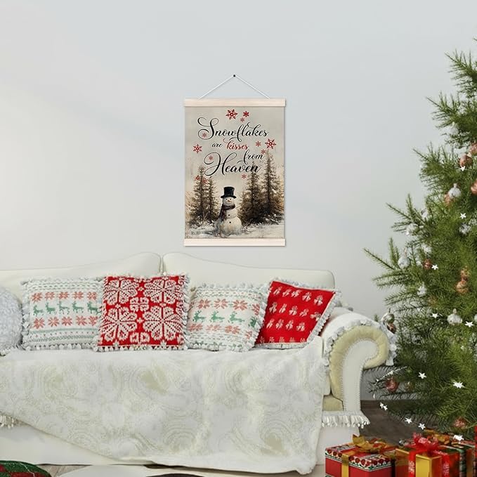 Winter Christmas Snowman Poster Hanger with Wood Frame, Vintage Christmas Wall Art Decor for Home, Rustic Retro Xmas Winter Pine Tree Santa Posters for Bedroom Living Room Decor, 12x16 Inch