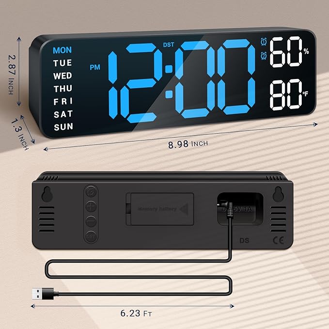 10" Digital Wall Clock: Dual Alarm Wall Mount Decor Clock for Living Room Classroom Office Desk, House Warming Gifts New Home Decor, Christmas Gift for Mom Dad Seniors Teen Blue