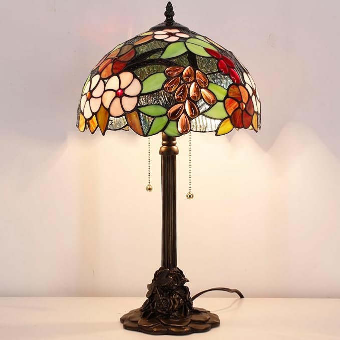 Tiffany Stained Glass Table Lamp 12X12X21Inch Resin Base Desk Bedroom Living Room Reading Light(Purple Grape Style)