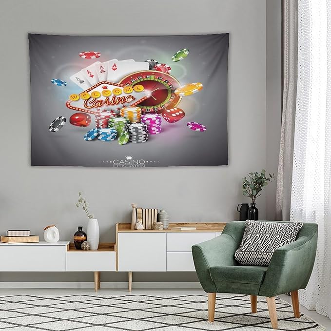 Poker Tournament Tapestry Wall Hanging Casino Colorful Chips And Cards Dice And Roulette Tapestries Home Decor for Living Room Bedroom Farmhouse Apartment Dorm 60"x90"