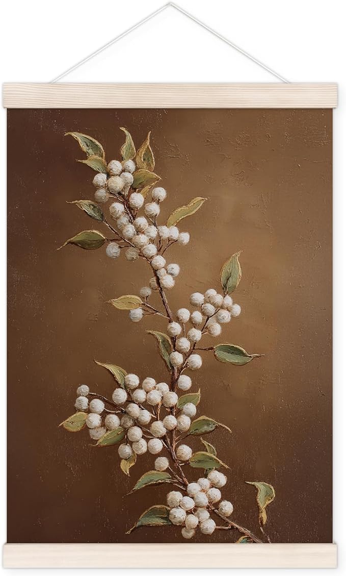 Vintage Christmas Poster Hanger with Wood Frame, Rustic Antique Christmas White Berries Wall Art Decor for Home, Retro Neutral Xmas Holiday Posters for Bedroom Living Room Decor, 12x16 Inch