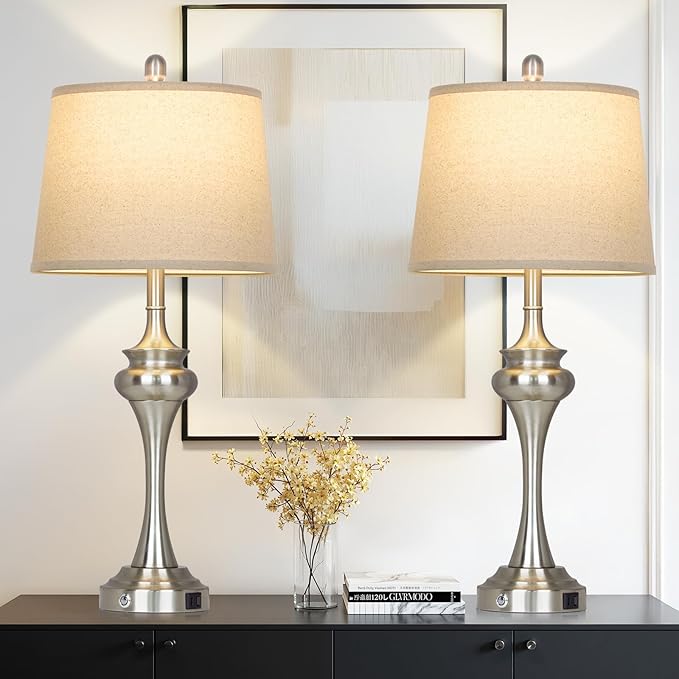 30" Silver Table Lamps Set of 2, 3 Way Touch Control Living Room Lamp with USB A+C Ports, Modern Brushed Nickel Bedroom Lamps, Tall Metal Bedside Lamp for Nightstand Desk Side Table Office