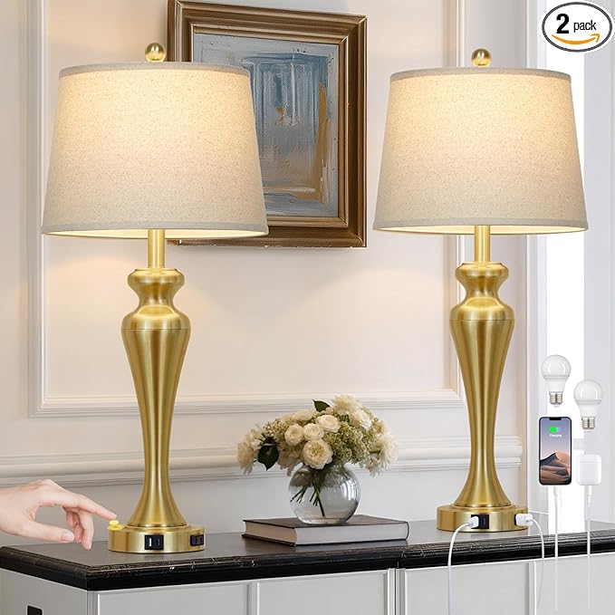 30" Gold Tall Table Lamps for Living Room, Touch Control Bedroom Lamp with USB A+C Ports and AC Outlet, 3-Way Dimmable Bedside Table Lamps Set of 2, Modern Metal Lamp for Nightstand