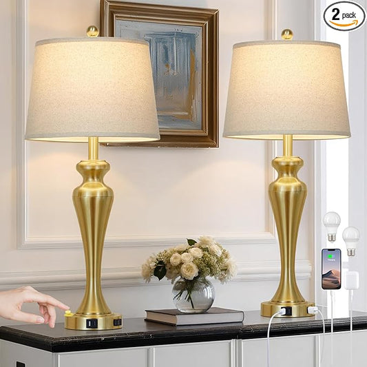 30" Gold Tall Table Lamps for Living Room, Touch Control Bedroom Lamp with USB A+C Ports and AC Outlet, 3-Way Dimmable Bedside Table Lamps Set of 2, Modern Metal Lamp for Nightstand
