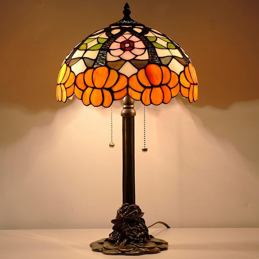 Tiffany Stained Glass Table Lamp 12X12X21Inch Resin Base Desk Bedroom Living Room Reading Light (Orange Flower)