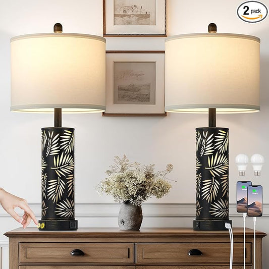 Set of 2 Rustic Table Lamps for Living Room Bedroom, Vintage Farmhouse Nightstand Lamp with 2 USB Ports, Hollow Out Black Metel Lamp for End Table with Nightlight (Retro Black)