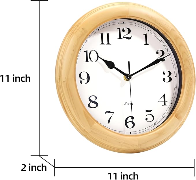 Kesin Wooden Analog Wall Clock, 11 inches Round Wall Clocks Battery Operated Silent Non-Ticking, Large Roman Numerals, Traditional Design for Kitchen Living Room Classroom Gym, Natural Grain