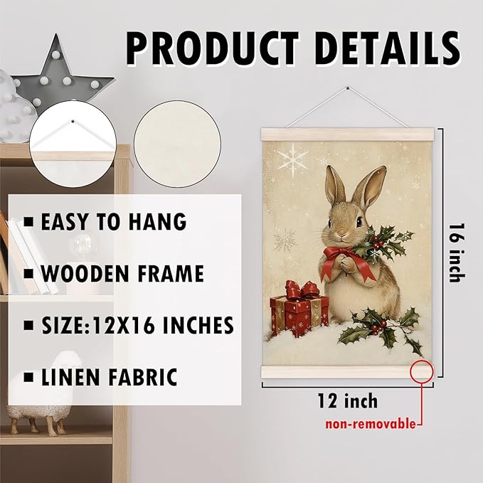 Vintage Christmas Bunny Poster Hanger with Wood Frame, Winter Christmas Bunny Wall Art Decor for Home, Rustic Retro Cute Xmas Rabbit Posters for Bedroom Living Room Decor, 12x16 Inch