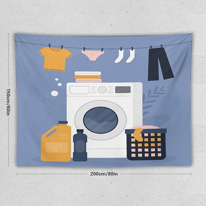ZhiRain Laundry Room Tapestry Wall Hanging Simple Drawn Wash Dry Fold Repeat Tapestries Home Decor for Living Room Bedroom Farmhouse Apartment Dorm 60"x80"